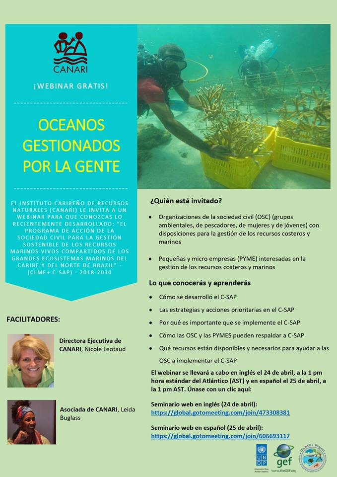 gcfi_fisheries's tweet photo. #CANARICaribbean is pleased to invite all interested stakeholders to attend the free webinar โPeople Managing Oceansโ in English: Wed April 24, 1-3PM AST and in Spanish: Thurs April 25, 1-3PM AST.
Contact: Melanie Andrews at melanie@canari.org
#CLMEplus #CSAP @CaribbeanCANARI https://t.co/gMCkAnUYLA