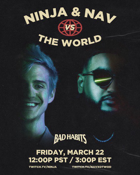 Ninja's tweet photo. Super pumped  to be playing some Fortnite with @beatsbynav today! He's going to be showing off his new album for us too ^_^ #ad https://t.co/YHvuUNGZRH