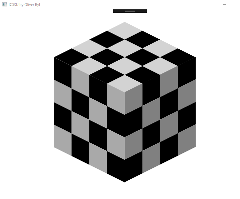 ianmct's tweet photo. For #ICS3U I love getting the students to draw a checker board using nested loops. Kudos to Oliver for taking it to a new dimension! #csedu https://t.co/gE9UvUaUII