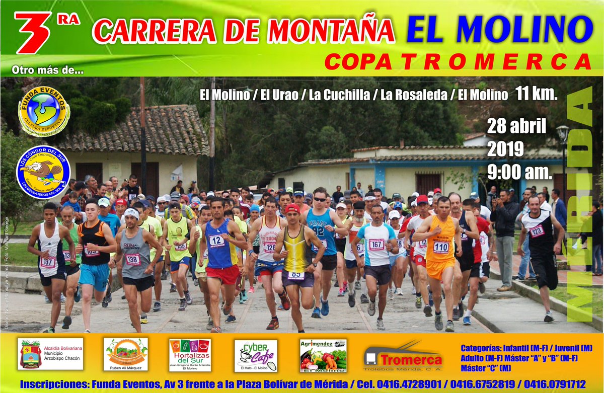 fundaeventos's tweet photo. Invitamos a la 3ra. Carrera de Montaña El Molino el 28 de abril, en cual usted es uno de los 180 protagonistas de este bonito evento. Disfruten del viaje, de la atención y del evento, es decir. Concentración 9:00 am. en la Plaza Bolívar de Mérida para salir a las 10:00 am https://t.co/qnNC67qUWx