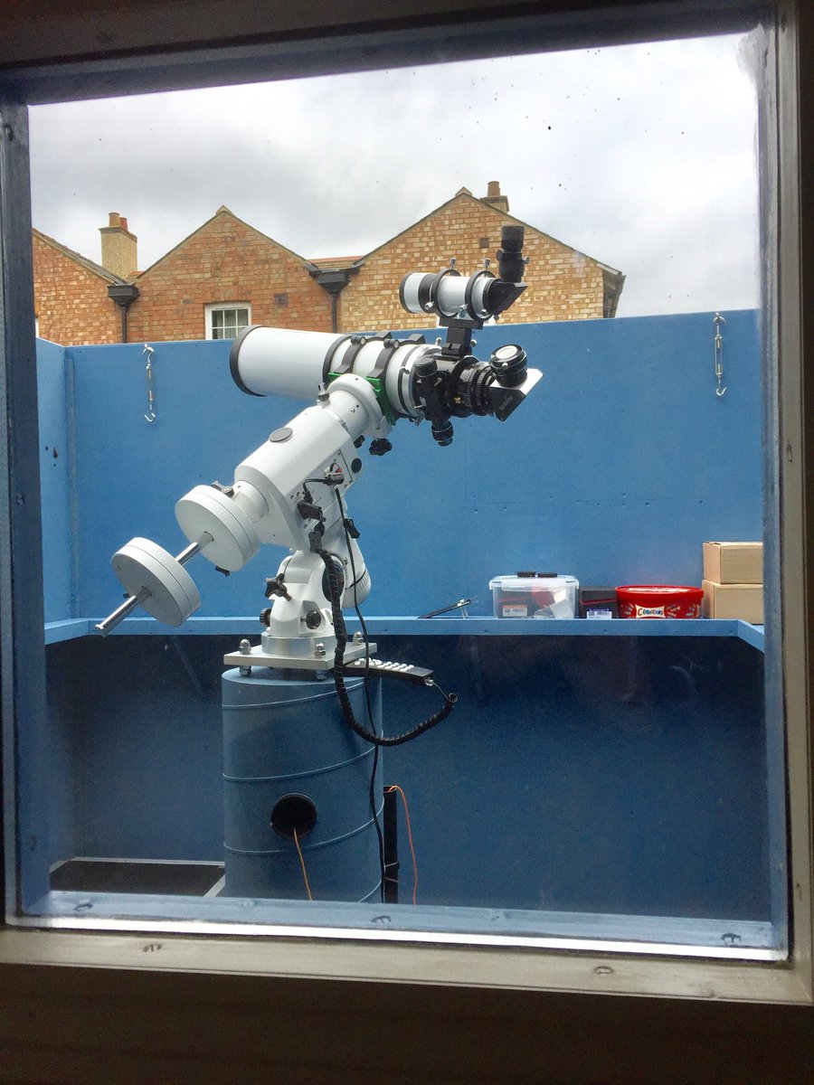KevinAstrokev's tweet photo. The #observatory is finished (apart from installing power, that is). Patiently waiting for the clouds to disappear..... 🙁
#rolloffroof #homeobservatory #esprit100 https://t.co/8IYH5Bvm8I