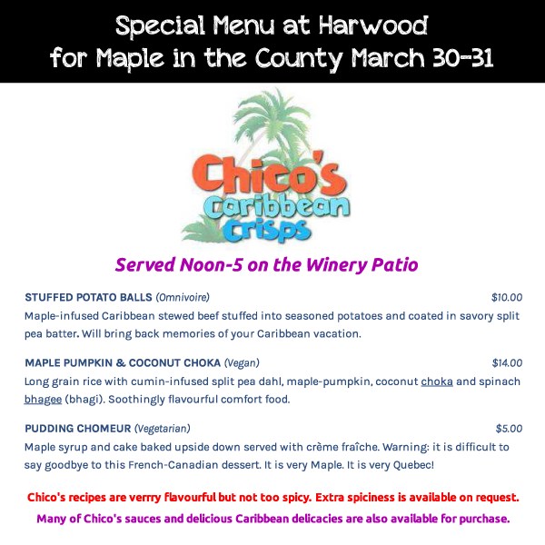 SunnyHarwoodPEC's tweet photo. We have finalized our menu for Maple in the County March 30-31 and we're going to do our best not to run out. Chico's food is just completely out-of-bounds! He's created a special menu just for @MapleInPEC https://t.co/bI4ntveRyQ
