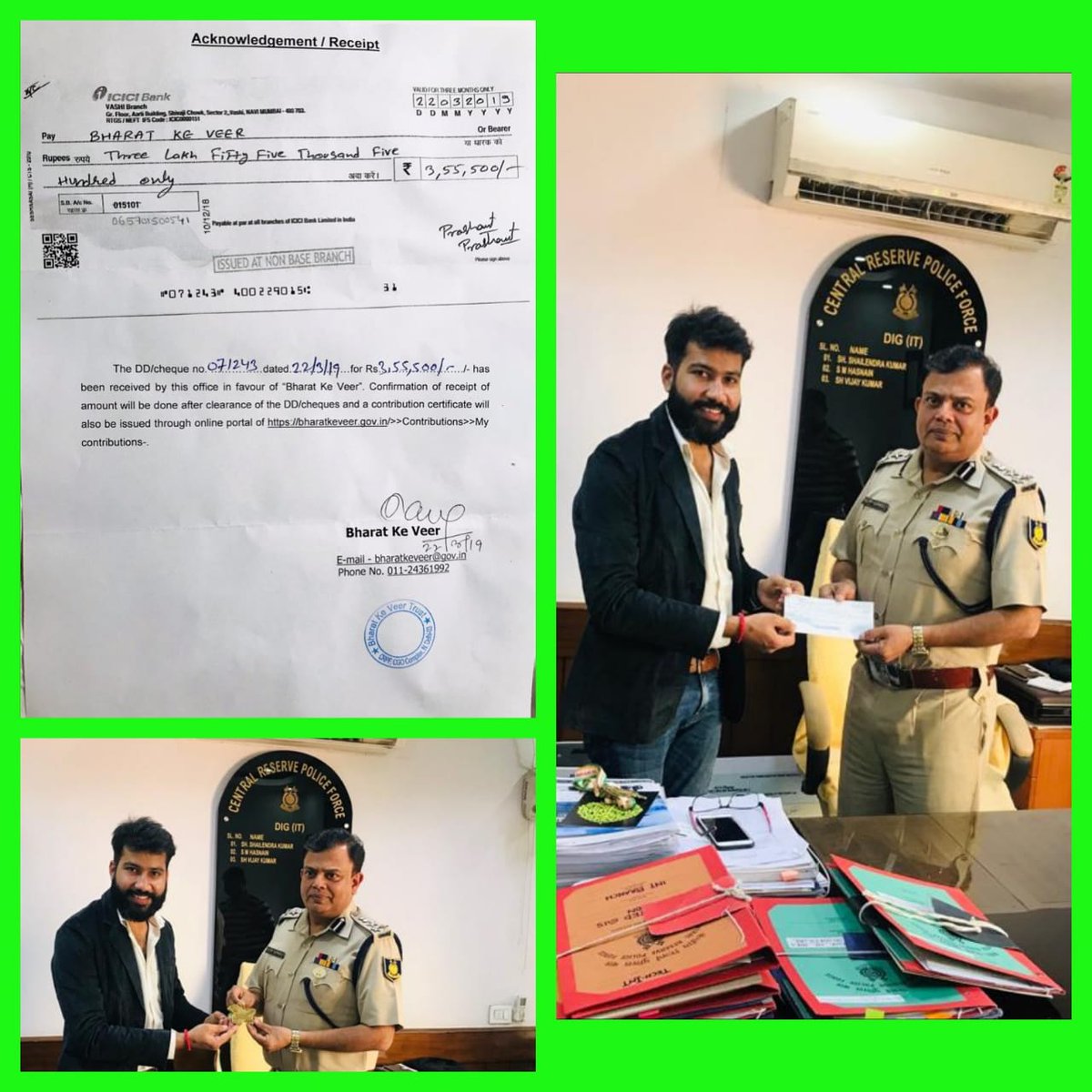 IndianMarathon's tweet photo. Contribution cheque of ₹ 3,55,500/- handed over to Shri Vijay Kumar IPS, DIG(IT) &amp; Head of @BharatKeVeer along with a Beautiful event medal as a memento from @IndianRunnersIN family.

Your efforts and support was highly appreciated by @BharatKeVeer team.

#bhaaglo #Pulwama https://t.co/wTPlRN4Czv