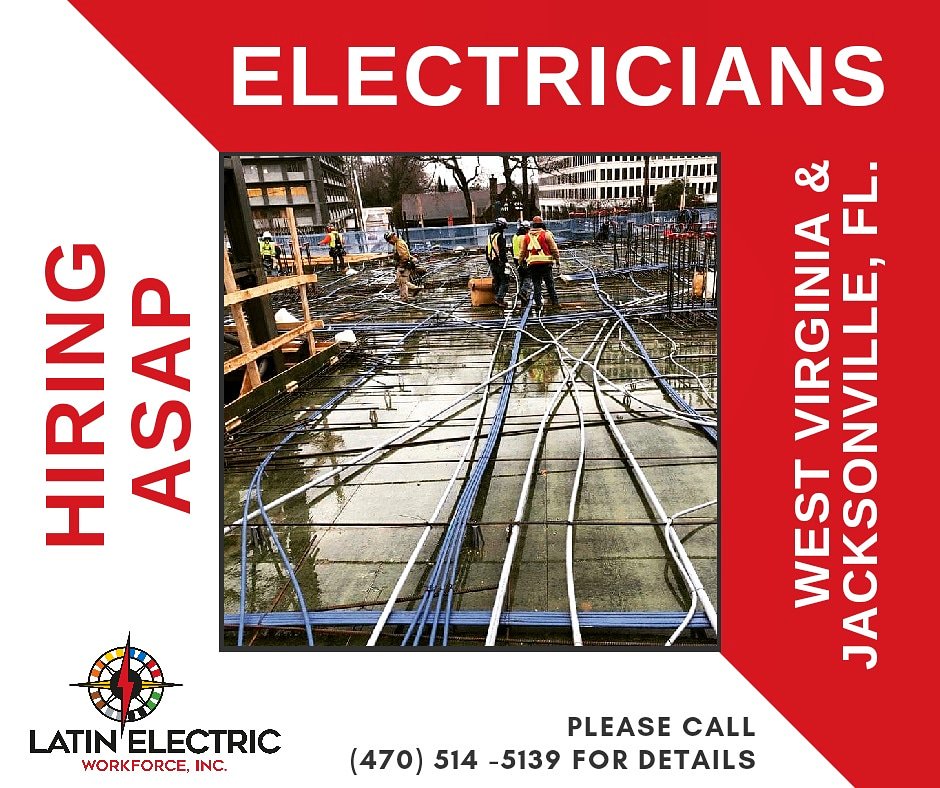 InfoLeworkforce's tweet image. WE'RE HIRING! We're looking to hire EXPERIENCED ELECTRICIANS for projects starting ASAP in Jacksonville, Florida and West Virginia.

Qualifying candidates please contact our office at the number shown. Looking forward to hearing from you!
#electricalcontractor #NowHiring