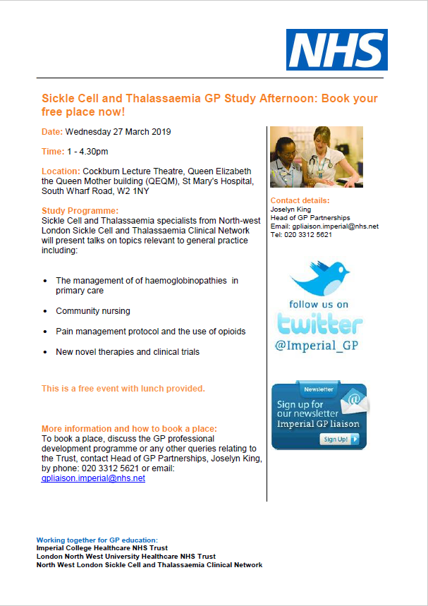 Imperial_GP's tweet photo. Please see our Flyer for the Sickle Cell and Thalassemia event on Wednesday 27th March 2019; Don't miss out! book on the link provided https://t.co/7EqBKZ6che https://t.co/HeSBTKOUJr