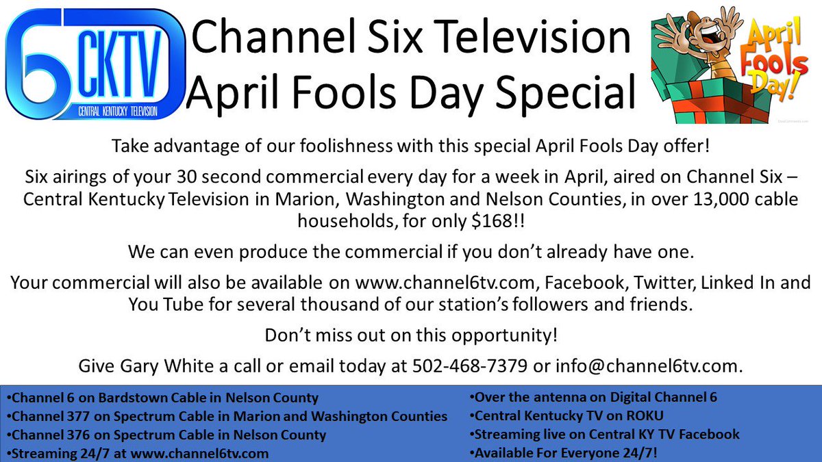 ky_standard's tweet image. #6tv April Fools Day is coming and Channel Six - Central Kentucky Television has a special advertising offer you'd be foolish to miss!