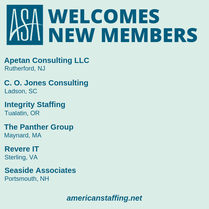 StaffingTweets's tweet photo. Welcome! Please let us know if you have questions about how to best take advantage of your new ASA membership @ApetanLLC, C. O. Jones Consulting, Integrity Staffing, @PantherStaff, ReverIT & @seasideassoc https://t.co/idLH97hpVh #MyASA #Staffing https://t.co/IOR20AT5Yh
