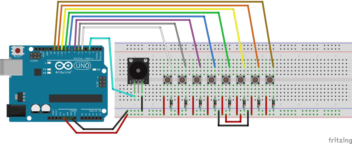pcmarriott's tweet image. Arduino 8-pushbutton piano, the diagrams, images and code (via. mBlock 3)
#arduino #arduinounor3 #mblock3 #breadboard #resistors #piezobuzzer #passivebuzzer #arduinopiano #pushbutton #makerspace #music #fritzing