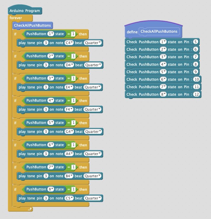 pcmarriott's tweet image. Arduino 8-pushbutton piano, the diagrams, images and code (via. mBlock 3)
#arduino #arduinounor3 #mblock3 #breadboard #resistors #piezobuzzer #passivebuzzer #arduinopiano #pushbutton #makerspace #music #fritzing