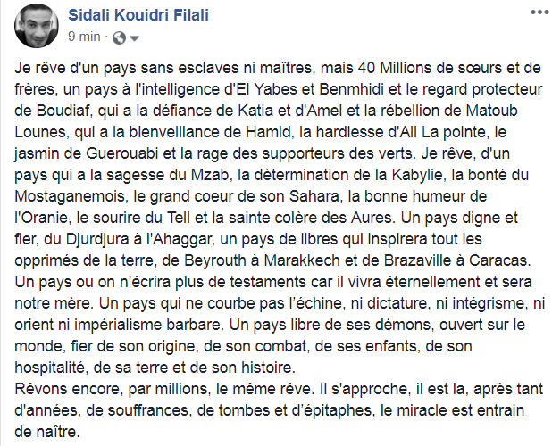 XIDALI's tweet photo. Un pays qui ne courbe pas l’échine, ni dictature, ni intégrisme, ni orient ni impérialisme barbare. Un pays libre de ses démons, ouvert sur le monde, fier de son origine, de son combat, de ses enfants, de son hospitalité, de sa terre et de son histoire. 

#algerie https://t.co/RxYOQXpsYu