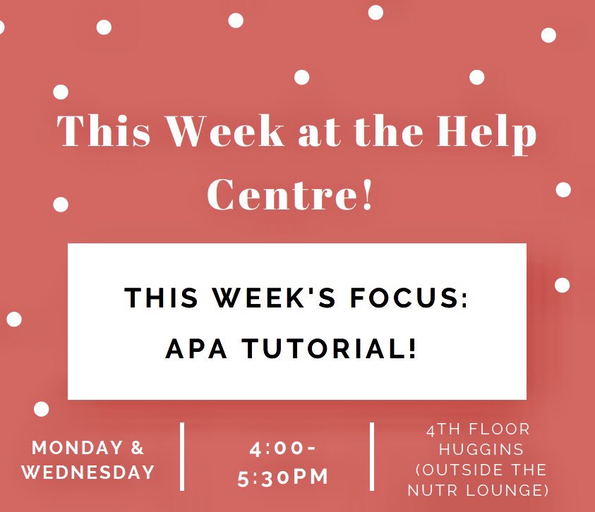 AcadiaNutrition's tweet photo. The @AcadiaU @AcadiaNutrition Help Centre is open Mon. March 25 &amp; Wed. March 27 from 4 - 5:30 pm both days. Join TA @Lydia_Acadia in #HugginsScienceHall 416 for an ‘APA Tutorial’ or come w/ questions. When not open for sessions, use the Centre for studying and reading 📚🧐. https://t.co/YdMkTFDCO2