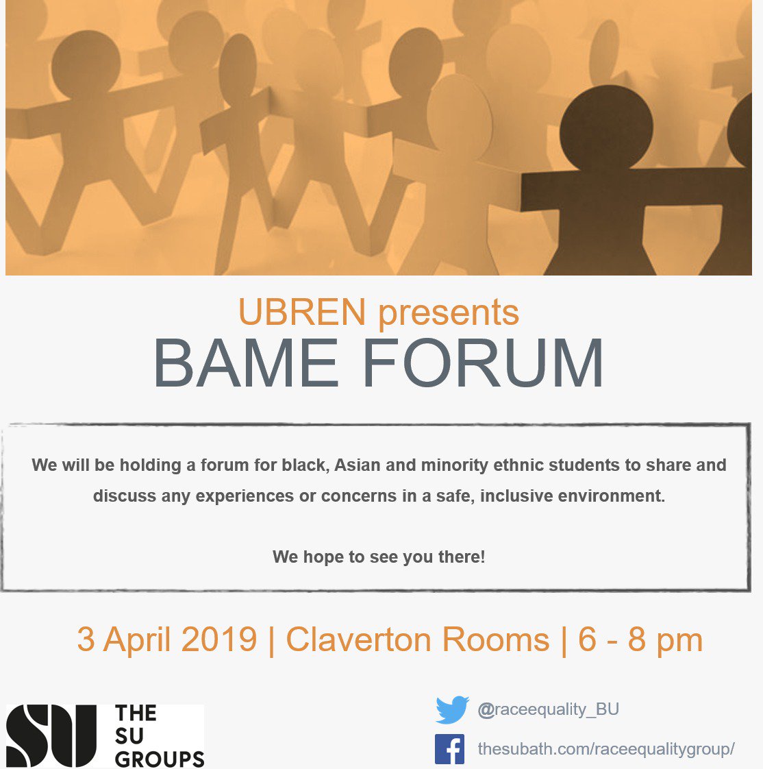raceequality_BU's tweet photo. We are holding a forum for BAME students from 6-8 on April 3rd in Claverton Rooms. We hope to see you there! https://t.co/HVGAYJTAKZ