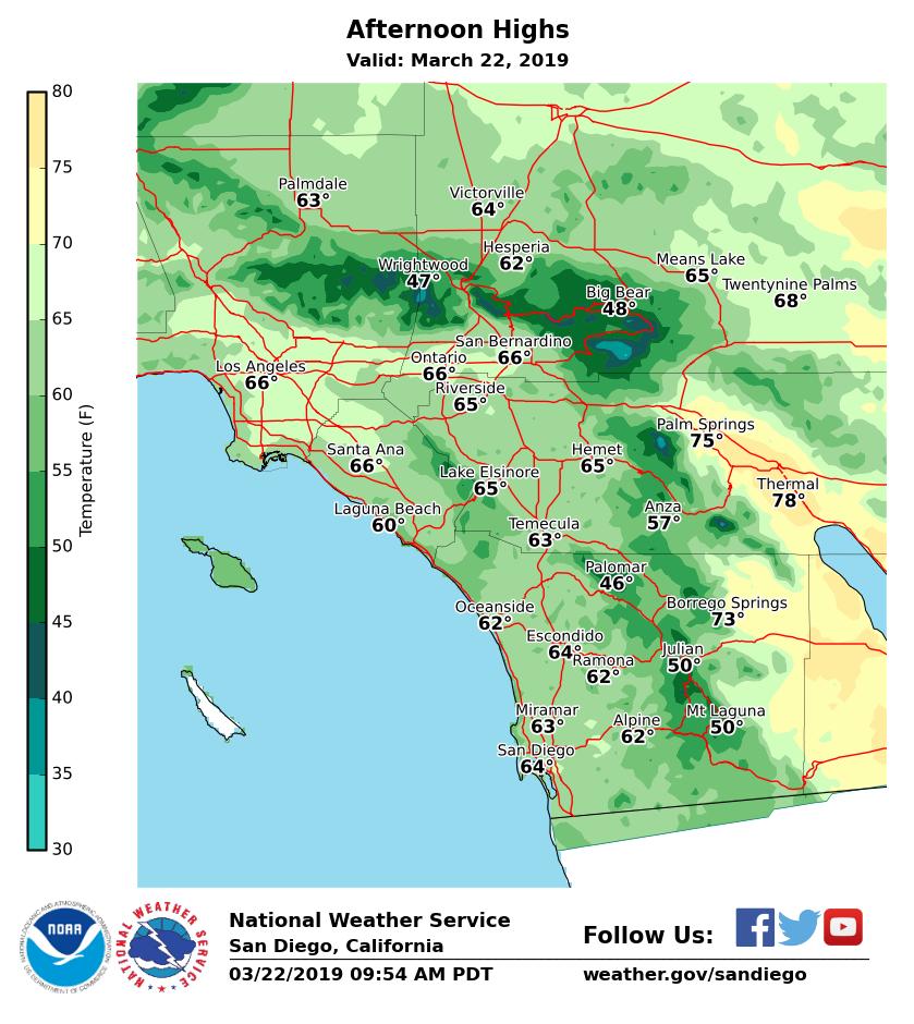 NWSSanDiego's tweet photo. Here's a look at today's high temperatures. Dry weather is expected along with partly to mostly sunny skies. Enjoy! π #cawx #SanDiegoWX #socalsun https://t.co/jHg8v4KMYH