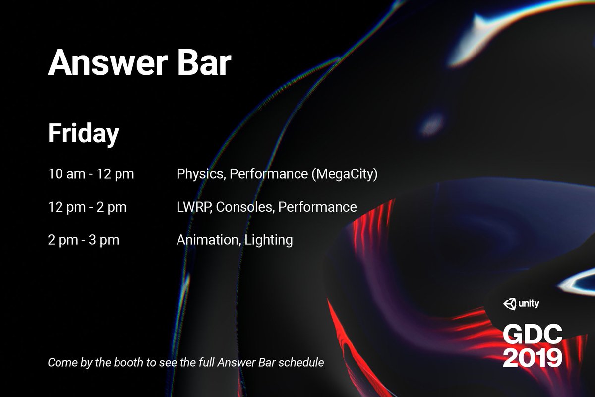 unitygames's tweet photo. We can't believe that it is already the last day of #GDC19! Stick around and join us for a theater talk and explore some amazing demos, like The Heretic and Megacity. More info about #unityatgdc: https://t.co/Mk8zk0S7lL

Today's Answer Bar and Unity Theater schedules 👇 https://t.co/PSvePb3kqi