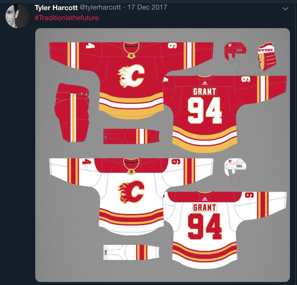 tylerharcott's tweet photo. @NHLFlames Pleased to hear the '89 Red uni's are full time for the playoffs. My hope is ownership will realize a vital ingredient that makes a franchise great is the same thing that binds us as fans...Tradition.  #Traditionisthefuture https://t.co/gAY699KtS2