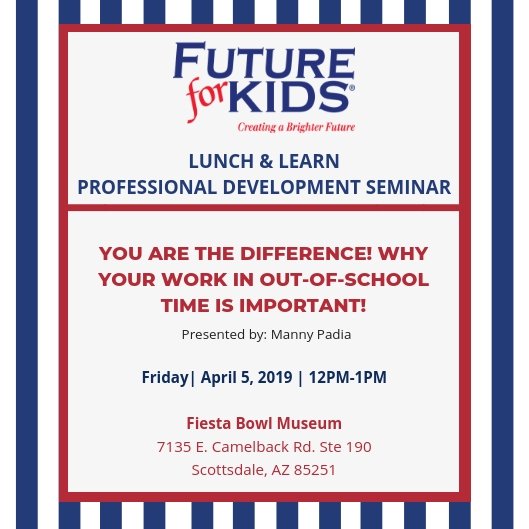Futureforkids's tweet image. Have you signed up yet for the next Lunch and Learn on April 5th at the @Fiesta_Bowl Museum! Sign up by clicking the following link: futureforkids.org/lunch-learn/