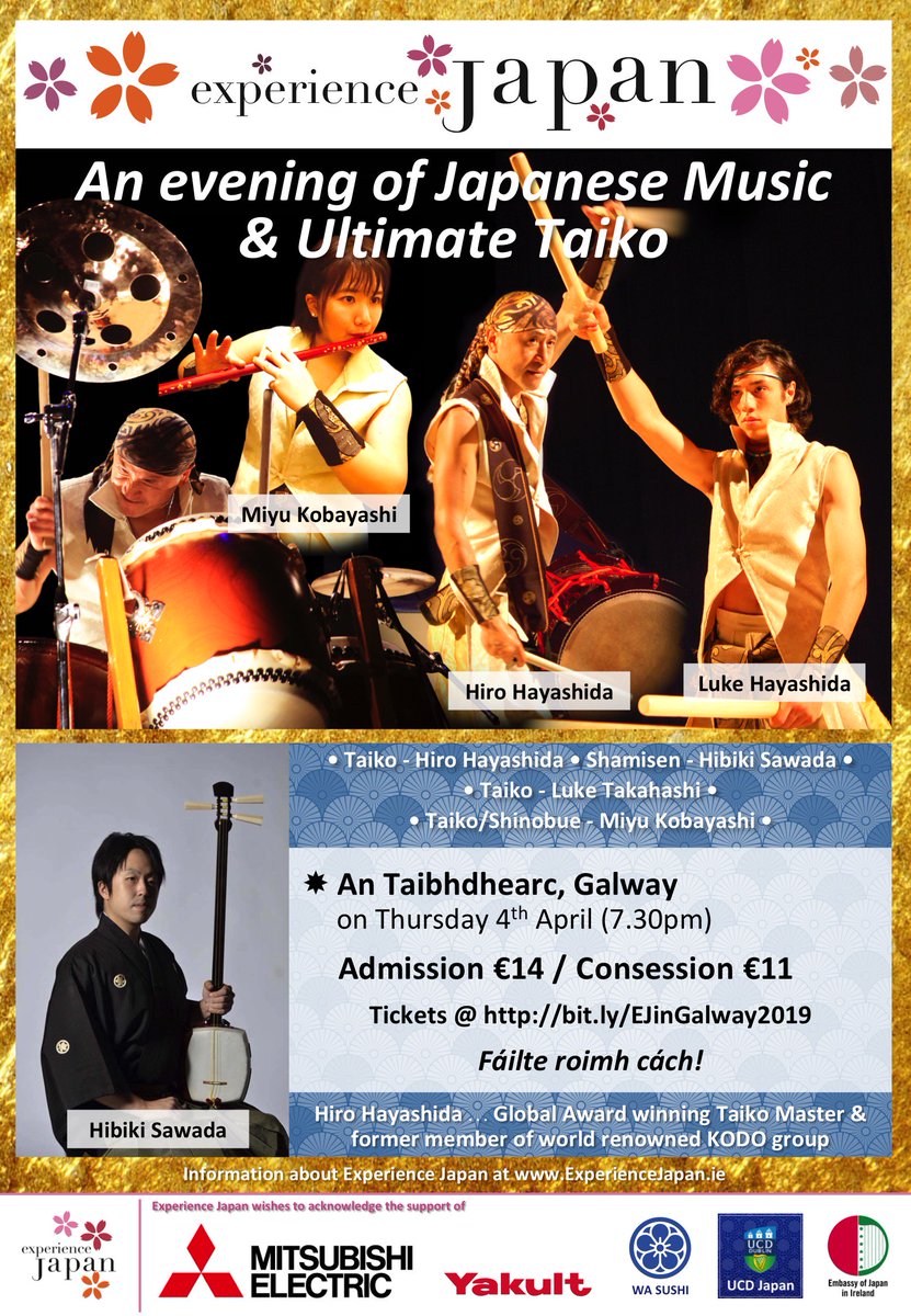 Great news <a href="/ExpJapan/">Experience Japan</a> concert is coming to #Galway <a href="/AnTaibhdhearc/">An Taibhdhearc</a> on 4 Apr 2019! Leading Irish &amp; Japanese musicians will also perform a fusion of Irish and Japanese music 😀🇯🇵🇮🇪😀  <a href="/MofaJapan_en/">MOFA of Japan</a> <a href="/MEIrishbranch/">Mitsubishi Electric</a> <a href="/yakultofficial/">Yakult</a> <a href="/wacafegalway/">WA SUSHI (WA CAFE)</a> ☘️🌸