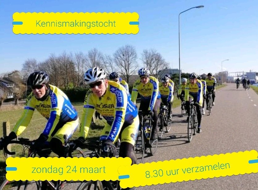 Zondag 24 maart extra kennismakingstocht. 🚴‍♀️
Vrijblijvend, gratis en gezellig op de racefiets. 😀 
Je kan kiezen uit drie groepen met verschillende afstanden &amp; snelheden. 👍
Zondag 31 maart ben je welkom bij onze <a href="/NTFU/">NTFU Wielersportbond</a> Voorjaarstocht: 40, 65 of 105 km. ☕
ttcoss.nl