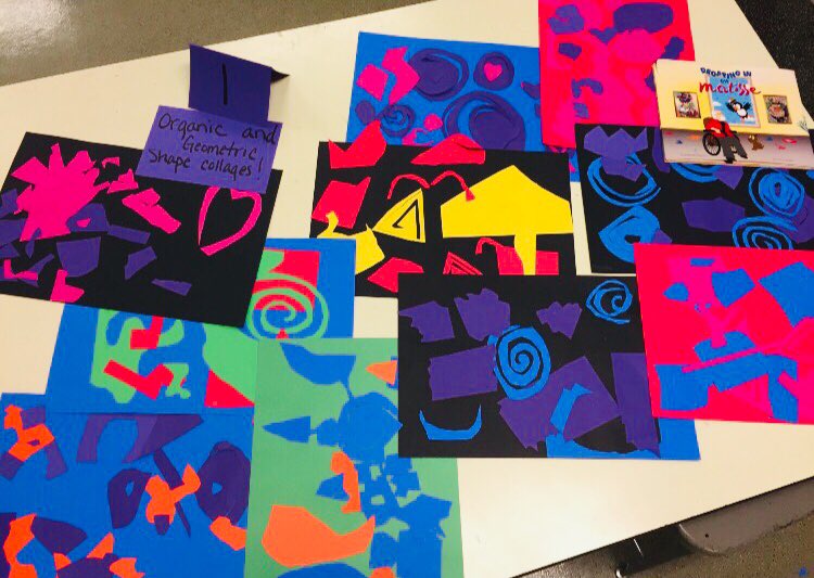 Collage making fun in art class!  Stark first graders have been learning about Henri Matisse and his famous paper cutout creations!  Stark artists have also been studying organic shapes, geometric shapes, and overlapping.  #everychildisanartist #starkstars #spsmind #spsinspire