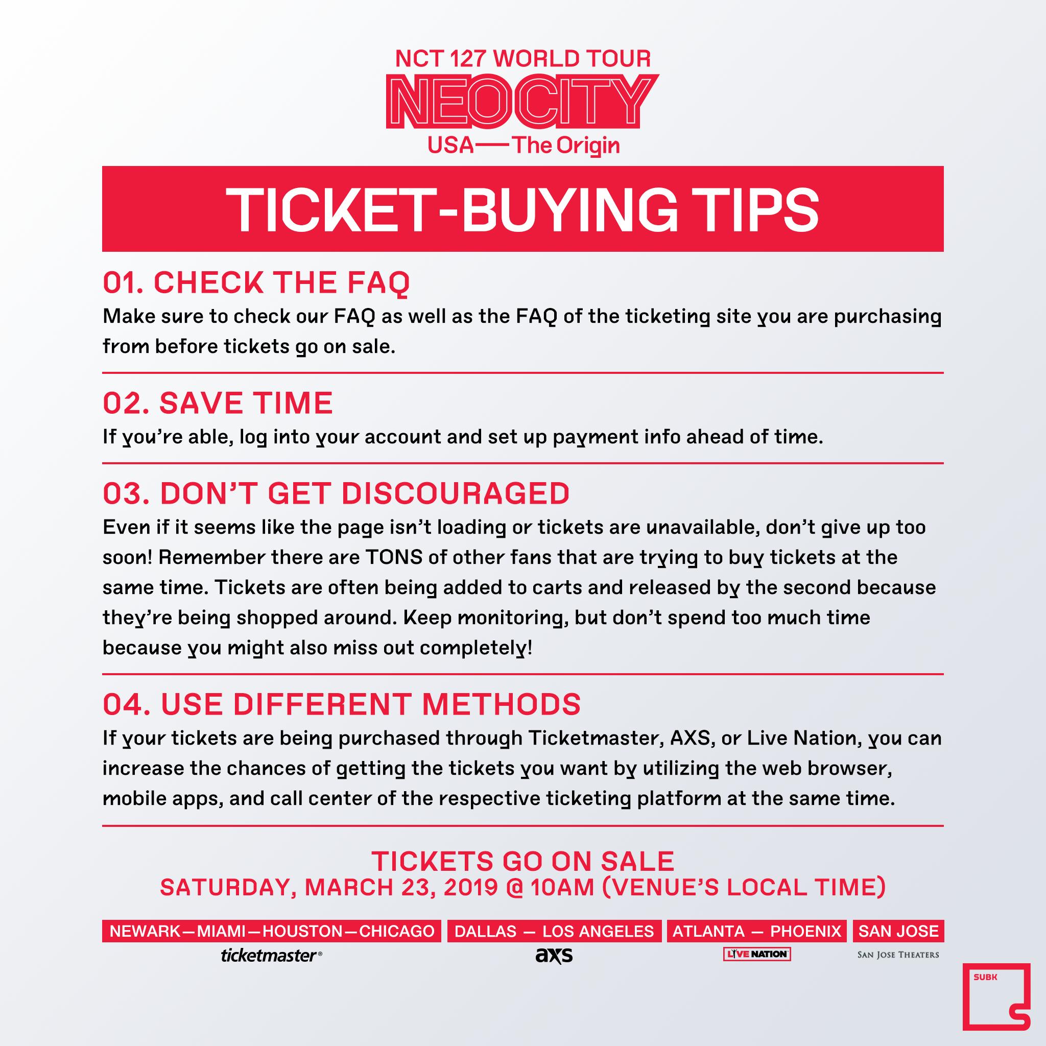 SubKulture Entertainment on X US NCTzens Get ticket sales day ready with our NCT127inUSA ticket buying tips Tickets for NCT 127 WORLD TOUR NEO CITY USA The Origin go on