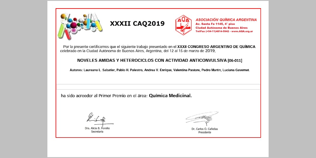 LIDeB_UNLP's tweet photo. Seguimos con las buenas noticias!
El primer premio de la @QuimicaAQA en el XXXII CAQA2019 en el Área Química Medicinal lo recibió un trabajo del @LIDeB_UNLP!
Felicitaciones a todos y en especial a Laureano Sabatier por la presentación del Trabajo.
#LIDeB #Quimica #Epilepsy https://t.co/Qz3nt3AwfS