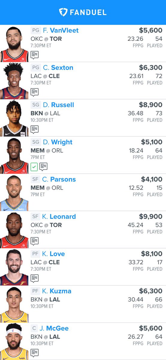 MoneyTimeDFS's tweet photo. Tonight’s lineups! Good luck tonight! #nba #dfs #nbadfs #fanduel #draftkings #nbafanduel #nbadraftkings #dknba #fdnba https://t.co/MBkbijdVFQ