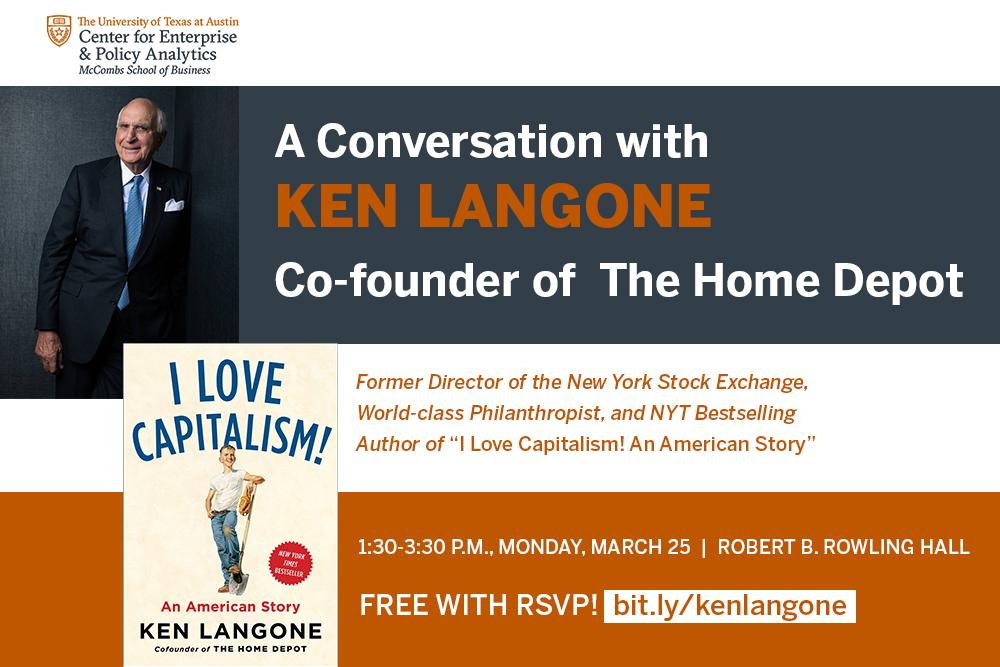 UTexasMBA's tweet photo. Join us for a conversation with Ken Langone, Co-founder of @HomeDepot &amp; former director of the @NYSE Monday 3/25 at #RowlingHall. 
Free event, RSVP: https://t.co/FNBJkTlvtv  

Connection to those who have shaped modern business is a big reason #WhyMcCombs. We'll see you there! https://t.co/OBUNni4YEh