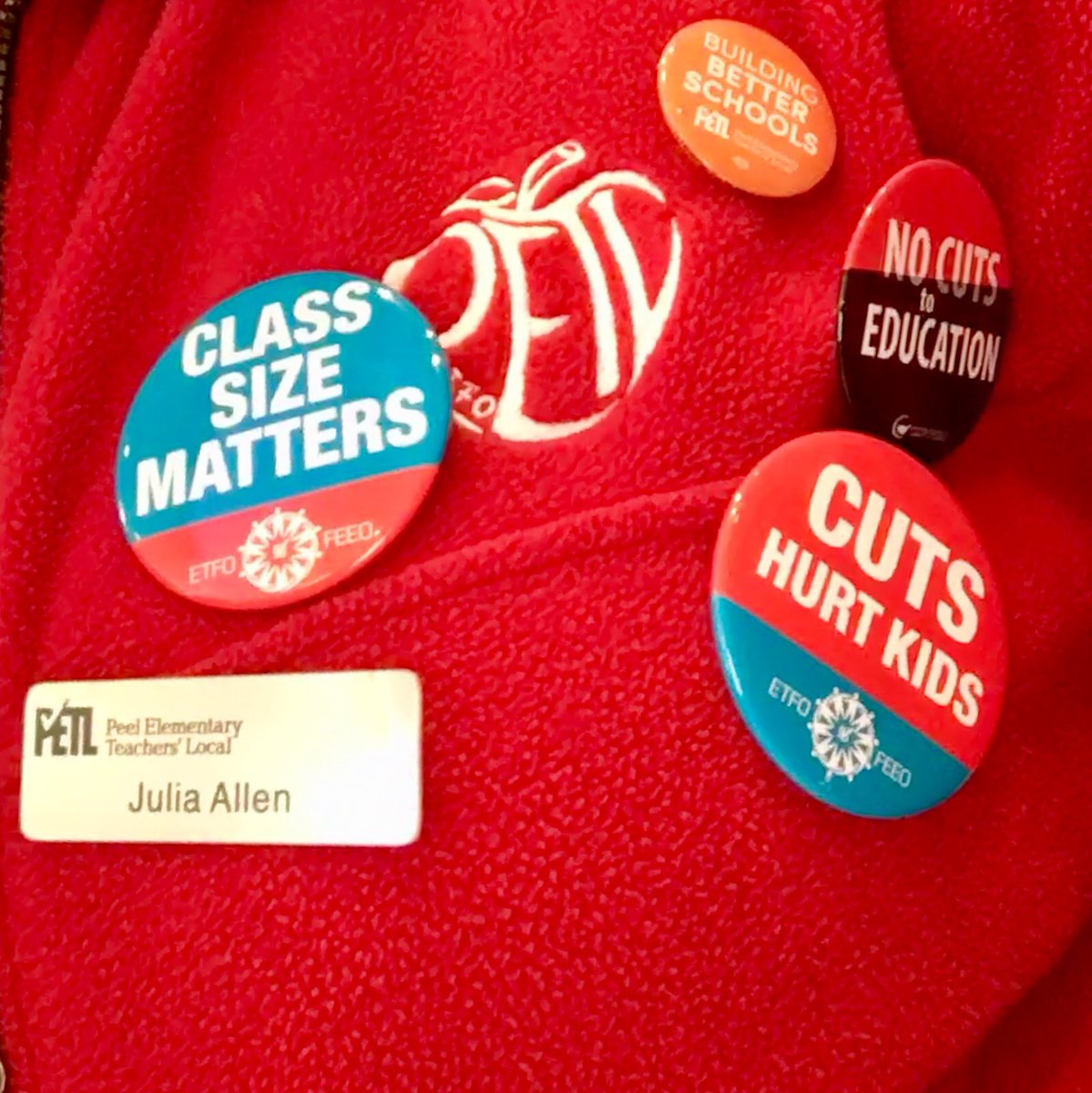 JAllenite's tweet photo. We teachers care so much about our students and the education they receive #EducationWorkersUnite in standing up for public schools @ETFOPeel #oldPETLlogo #RedForEd #RedOnFriday #ButtonCollection #BuildingBetterSchools https://t.co/pLQY7PBgAG