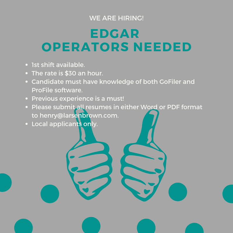 Larsen_Brown's tweet photo. EDGAR Operators needed. ProFile HTML & GoFiler Complete experience is required. Please submit resumes to henry@larsenbrown.com #NYCjobs #GoFiler #ProfileHTML #EDGAR #LarsenBrown https://t.co/4PIes5MWGF