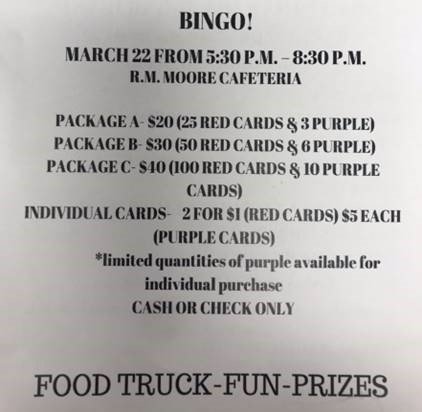 The doors open at 5:00 for BINGO!  Games begin at 5:30!  See everyone tonight!