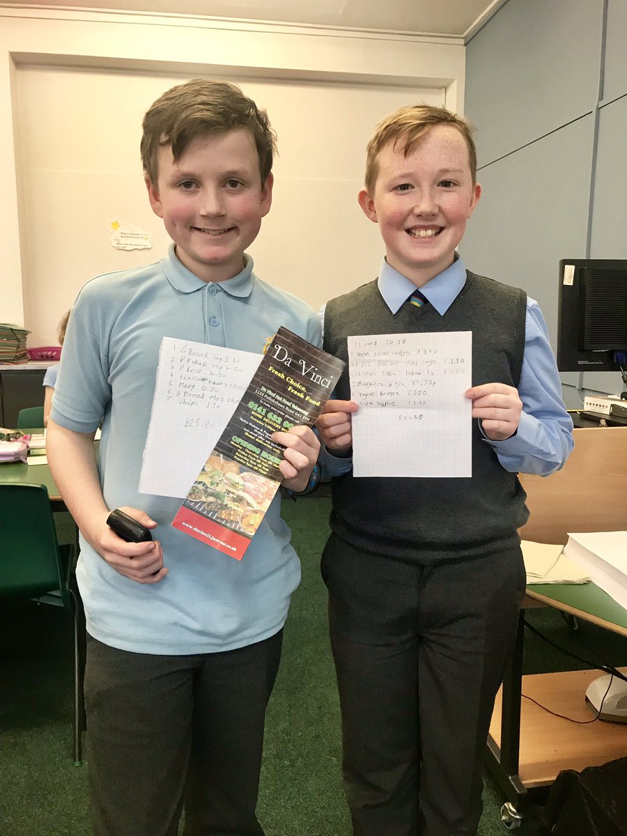 OLRprimary's tweet image. These boys from P6a made their own challenge in maths time; who could get the closest to £25 while buying 7 things from the menu! 🍕🍔🍟🍗A little healthy competition goes a long way! #Budgeting #RealLifeProblems