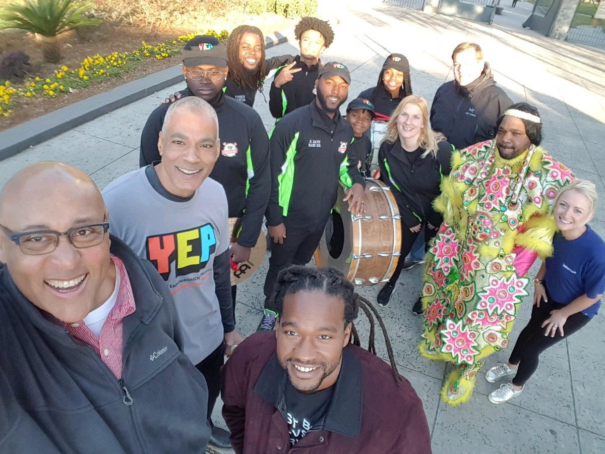 ChefKevinBelton's tweet photo. I didn’t get a chance to post the awesomeness from this morning on the @wwltv Morning News. @JoshTSM and I with the @yepnola group including the YEP drum line, a Mardi Gras Indian and a few of their sponsors including @iberiabank taking about YEP fest this Sunday. #beon4 #yepfest https://t.co/TOFthOuQTZ