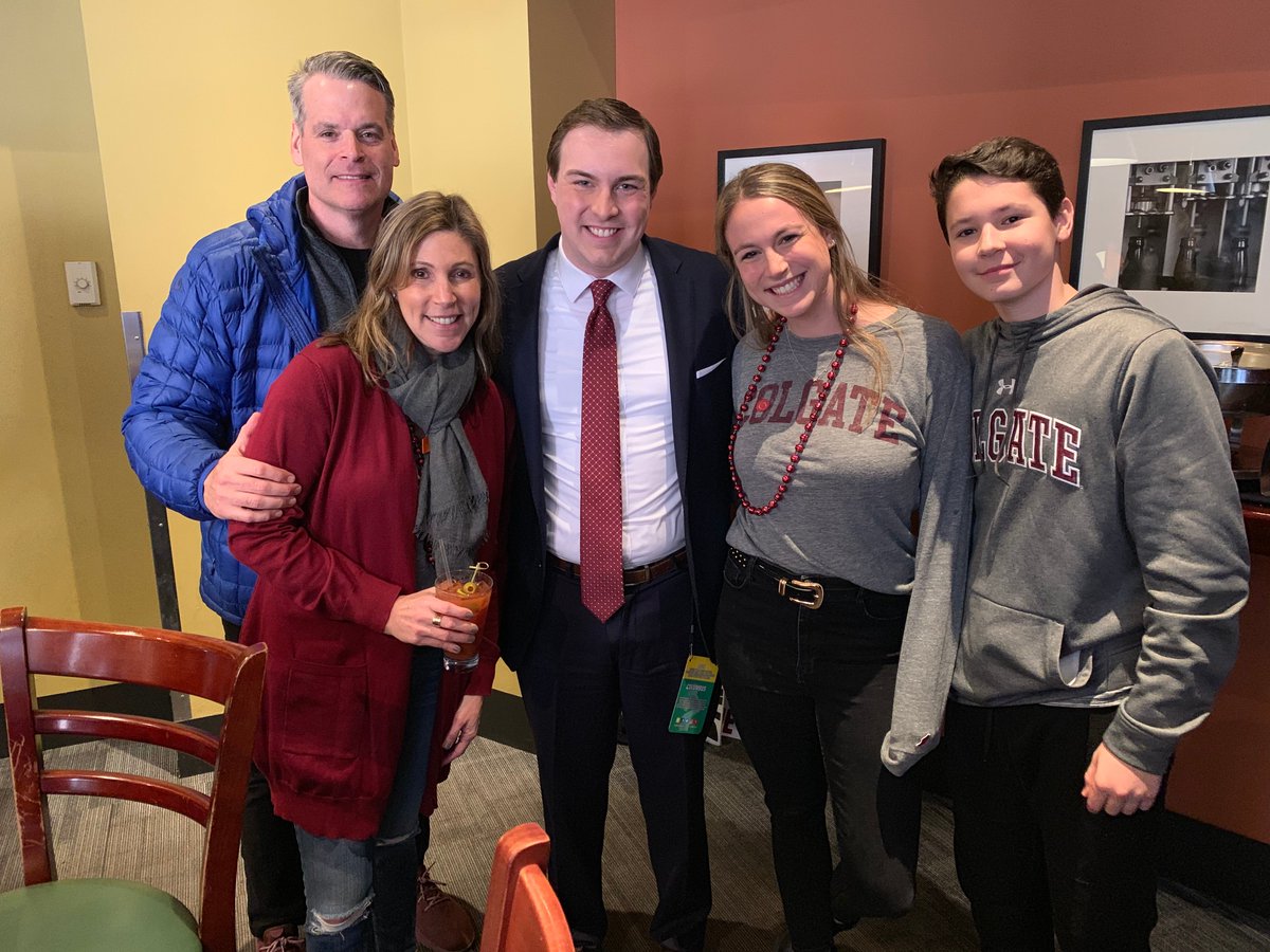 AndrewDonovan's tweet photo. #ColgateCountry really appreciates @NewsChannel9 making the trip to Columbus. Here I am with the @ColgateUniv cheerleaders and my new friends, the Light family, whose son Zach Light will take the court with the @ColgateMBB team in moments. https://t.co/VCXXbTxEyI