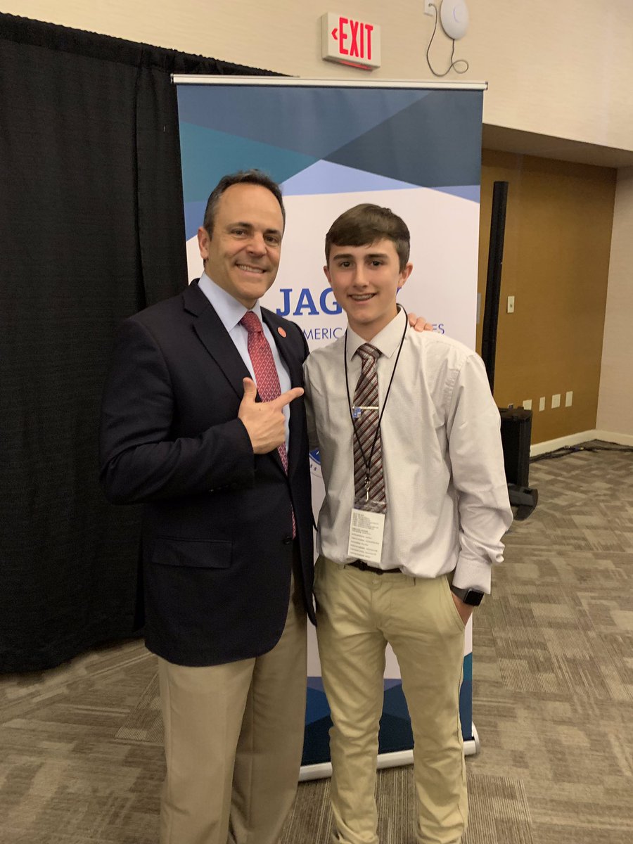 JAGkentucky's tweet photo. JAG KY students enjoyed an inspirational talk from Gov. Matt Bevin.
Gov. Bevin took the time to talk with students to hear their future dreams and take photos.
#jagkycdc19 #ourfuturestartshere https://t.co/PhPqzDON2u