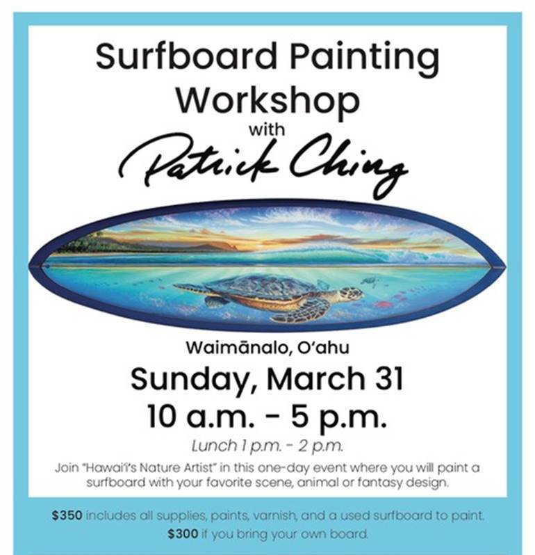 PatrickChingArt's tweet photo. Have you ever wanted to paint on a surfboard? Join my Surfbord Painting Workshop on March 31st in Waimanalo and learn to paint your favorite animal, scene or fantasy artwork. Sign up today! 
https://t.co/yrme3ls36G https://t.co/4qV3JcmHdv