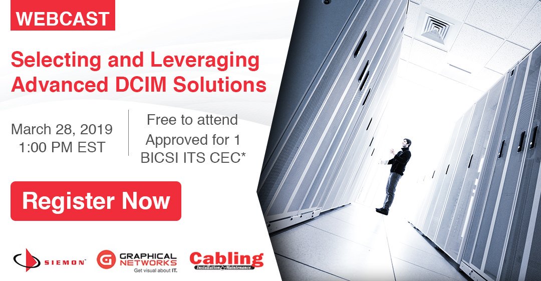 Siemon's tweet image. Join us next week for a live webcast on advanced DCIM solutions and the key features and benefits to look for when selecting a solution. Register in seconds: bit.ly/2Y4Rpzu