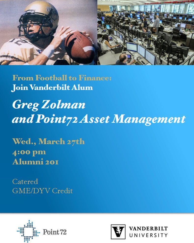 Point72 Asset Management, a $13 Billion hedge fund founded by Steve Cohen (formerly of SAC Capital), will be on campus to do a recruiting presentation on Wednesday, March 27 at 4pm in Alumni Hall Room 201.
anchorlink.vanderbilt.edu/event/3252294