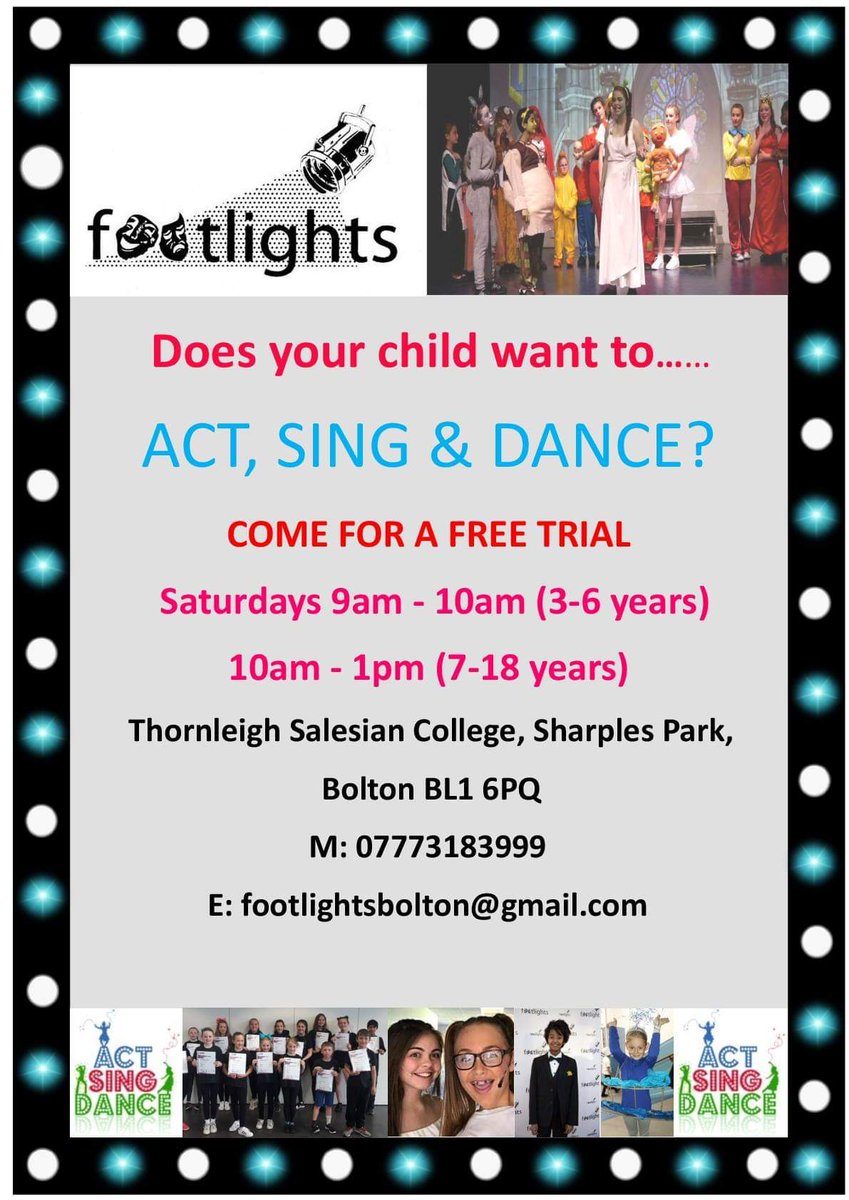 ✴️ TOMORROW <a href="/ThornleighSLS/">Thornleigh SLS</a> ✴️

NEW Performing Arts School in the area

Footlights Theatre
 
Contact Lisa for more info 07773183999 or footlightsbolton@gmail.com

Free Trials for children wishing to join footlightstheatre.co.uk  

#Schoollettings #Facilities4Hire #SLS