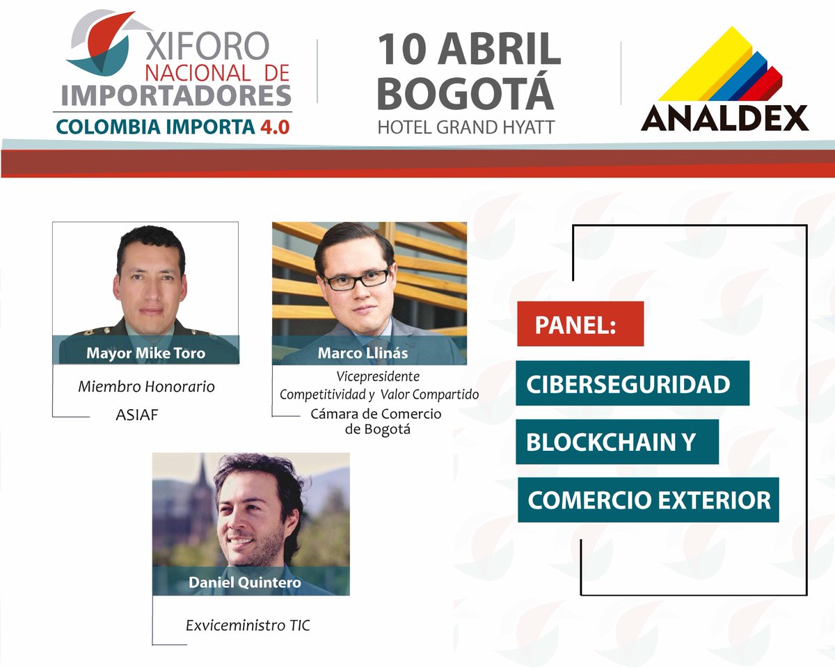 AnaldexColombia's tweet photo. #NoSeLoPierda En el XI Foro Nacional de Importadores 9 de abril en Medellín  y 10 de abril en Bogotá analizaremos las últimas tendencias y como está el comercio exterior de cara a la ciberseguridad. Inscríbase: https://t.co/TbZAt9wZK5 #ForoAnaldex https://t.co/xT1FLZNSHP