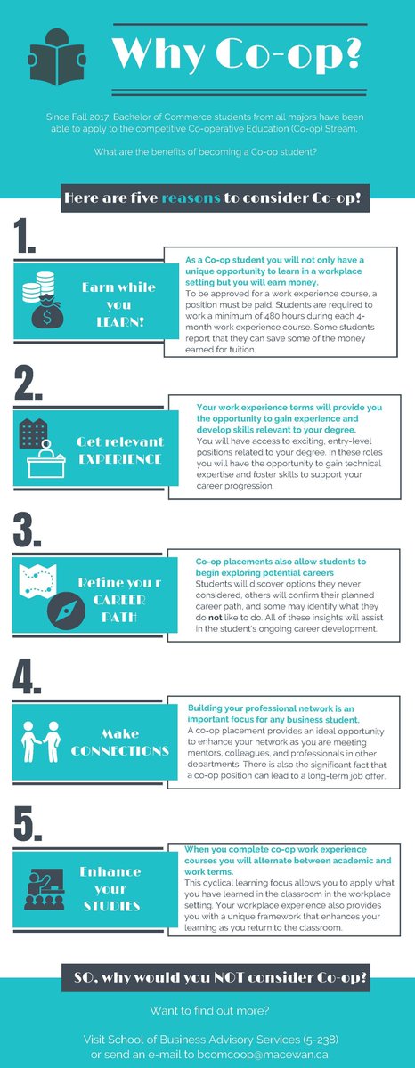 MacEwan_CS's tweet image. Attention #MacEwanU Bachelor of Commerce students! Here are five reasons why you should consider doing a co-op during your degree! #CoopWeek #WILWeek #business