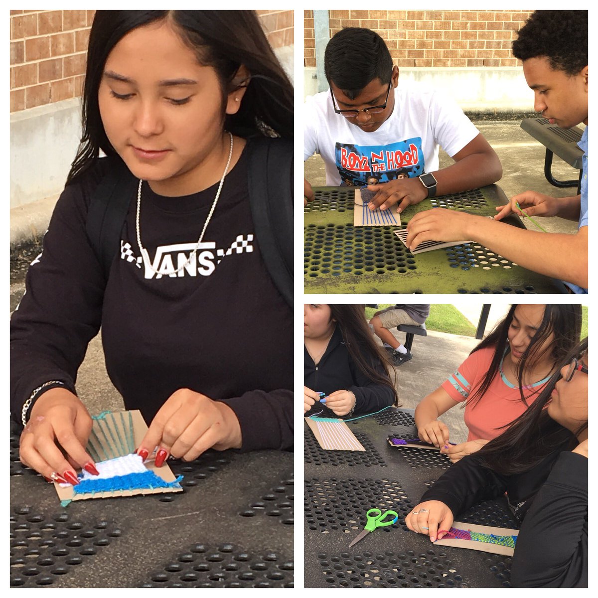 ArtfulMega's tweet photo. Weaving in the outdoor classroom at FMS! @MarciaMgonzales @FloresvilleISD https://t.co/BP4oChG0Zi