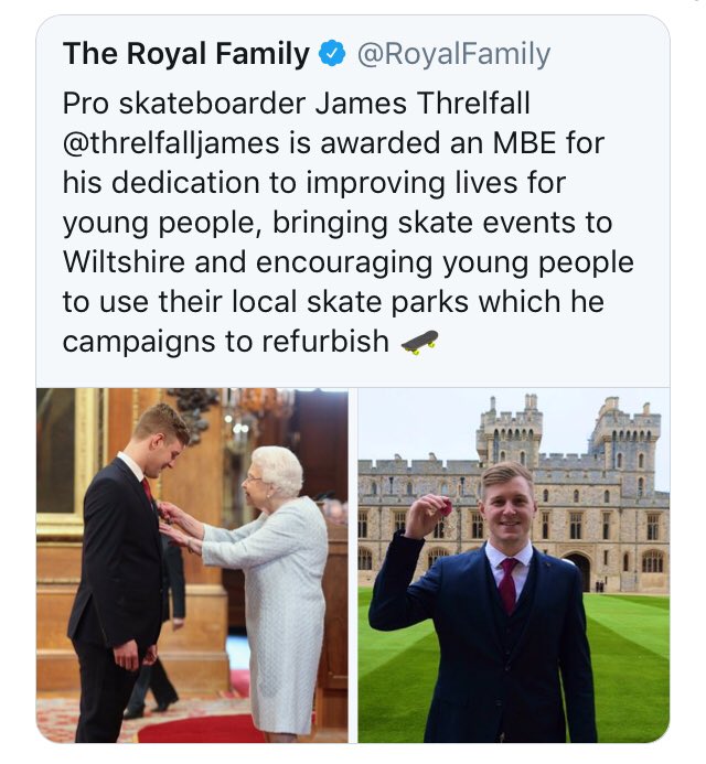 threlfalljames's tweet photo. Such a surreal day. Had a chat with the Queen and she’s now a fan of skating.

Thanks for all the kind words, the past 24 hours have been pretty unbelievable. 🙏🏻

#royalfamily #MBE #windsor https://t.co/qAo0VcJOvm