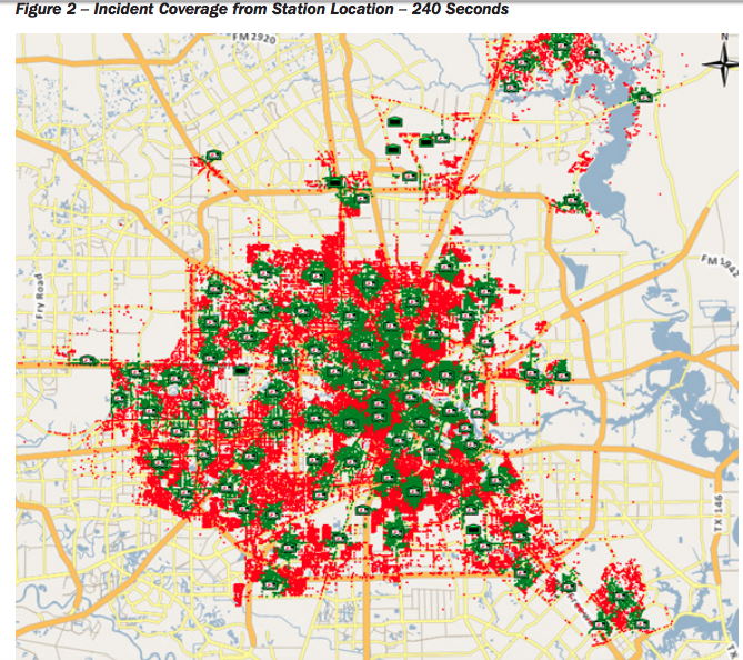 xroblockx's tweet photo. This map shows in green areas that HFD can respond to structure fires and cardiac arrest in NFPA standard time of 240 seconds. The @ChronOpinion editorial board under @ChronFalkenberg supports laying off firefighters despite study showing need for 3 more stations. #probB #txlege https://t.co/Ufk9ipDEI2