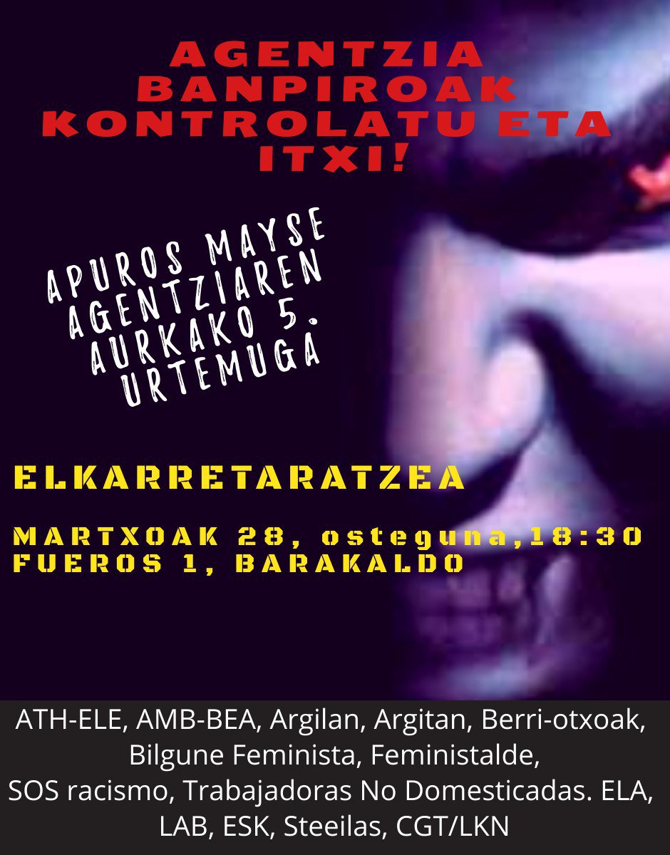 ath_ele's tweet photo. Apuros Mayse agentzia ospetsua da; enpleatzaileei asko kobratuta,  langileak zapalduta ditu, ez atsedenik ez  oporrik ezta gizarte segurantzako altarik ere.  ETOR ZAITEZ GUREKIN ELKARRETARATZERA. Lan Ikuskaritzak esku hartzea  lortu behar dugu. https://t.co/j7LM2zVI2J