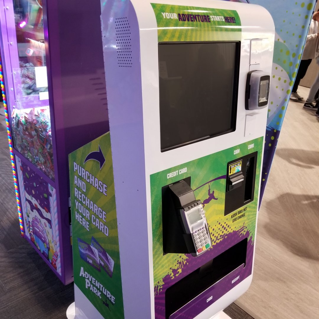 Promofuse's tweet image. We've been doing a ton of work for @AdventureParkLb    and it's great to see it all coming together on location! Pictured is the gamecard kiosk we designed, as well as some standoff signs in their restaurant area that we designed and printed.