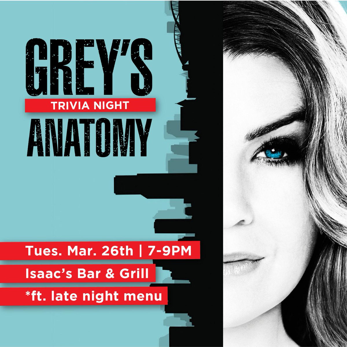 It's our last trivia night of the semester and there's no better way to end than with the show everybody loves- Grey's Anatomy! Come out to Isaac's on March 26th from 7-9pm and enjoy a night of Grey's trivia before exam season starts kicking in.