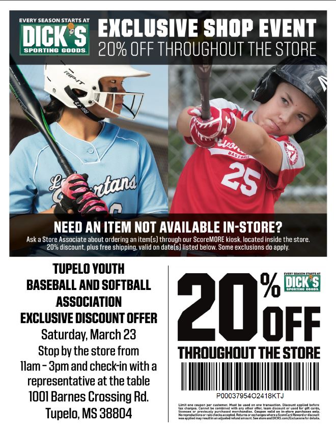 TupeloSoftball's tweet photo. Our partners at #DicksSportingGoods will host a #TupeloSoftball Shop Day (discount weekend) this weekend!  Check out the coupon in the link below! 

https://t.co/WWjL4CSsmh https://t.co/OXeSHsDxlC