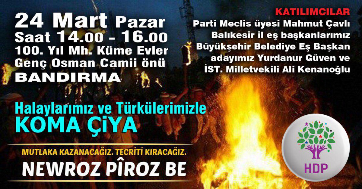 HDPBalikesir's tweet photo. Bizim mücadelemiz onurlu barış mücadelesidir, halkların birlikte eşit yaşam iradesidir. Türkiye halklarını beka yalanı ile aldatmaya çalışanlara karşı tüm halklarımızla;
24 MART PAZAR GÜNÜ BANDIRMA NEWROZUNA! https://t.co/N3IAnDqISQ