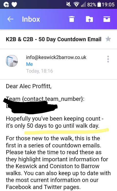 GinnerWina's tweet photo. And so it begins. 50 days to go and a total of 0 miles of training completed. Again. #PrayforAlec https://t.co/6FJ3Npt7ZN