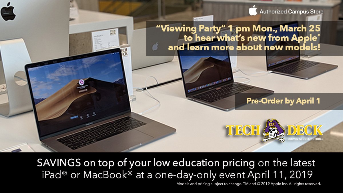 ECUDowdy's tweet photo. Just in!  Apple Announcement Viewing Party at the Tech Deck @ECUDowdy  Main Campus St Ctr store, Mon, Mar 25 at 1pm. See the streamed announcement on our Apple TV &amp; hear their news first! https://t.co/E4IfbGpJzE  #ECU #ECUTechDeck #ECUDowdy #ECU19 #ECU10 #ECU21 #ECU22 @TechatECU https://t.co/uijhbS9RD2